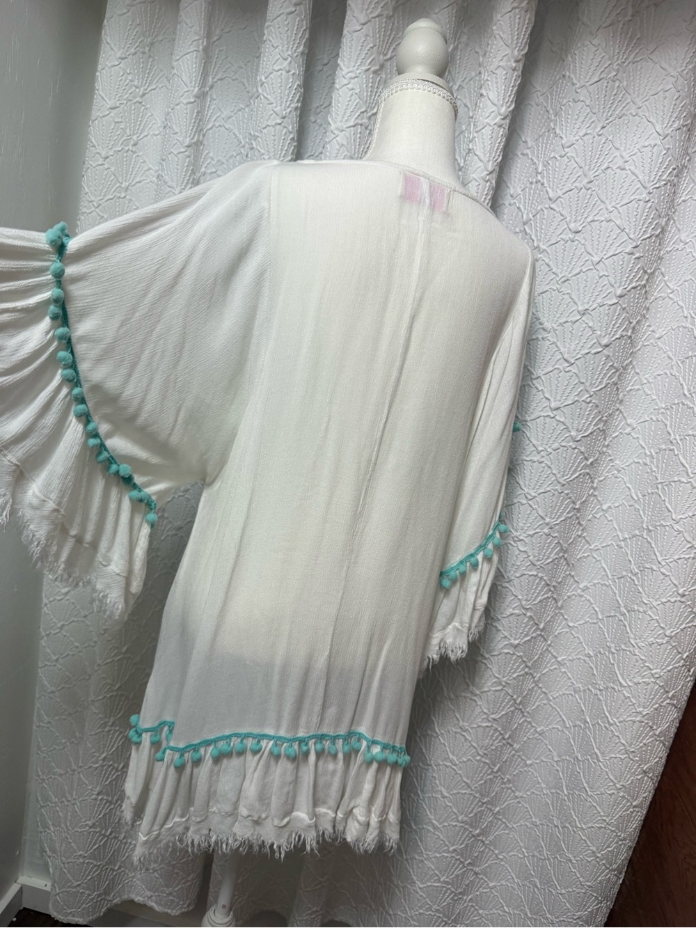 White Embroidered Boho Tunic Dress with Turquoise Trim - Picture 4 of 7